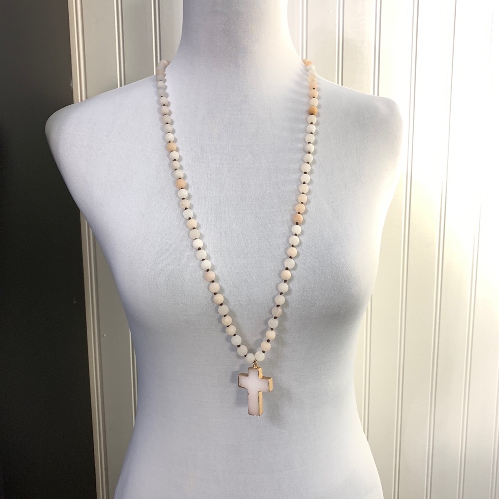 36 Inch Pink & White Long Beaded Cross Necklace